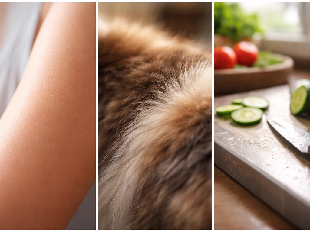 Clean close-up of skin, a pet’s fur, and a kitchen food prep surface under natural light