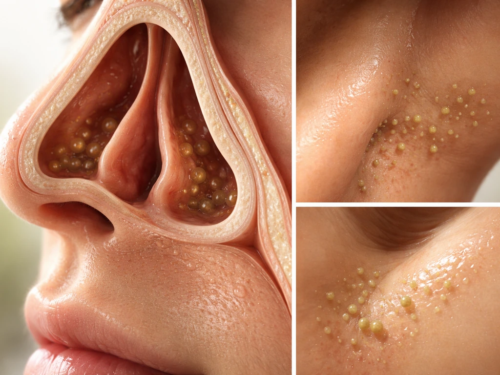Close cross-section view showing nasal cavity and moist skin areas with small microbes implied.