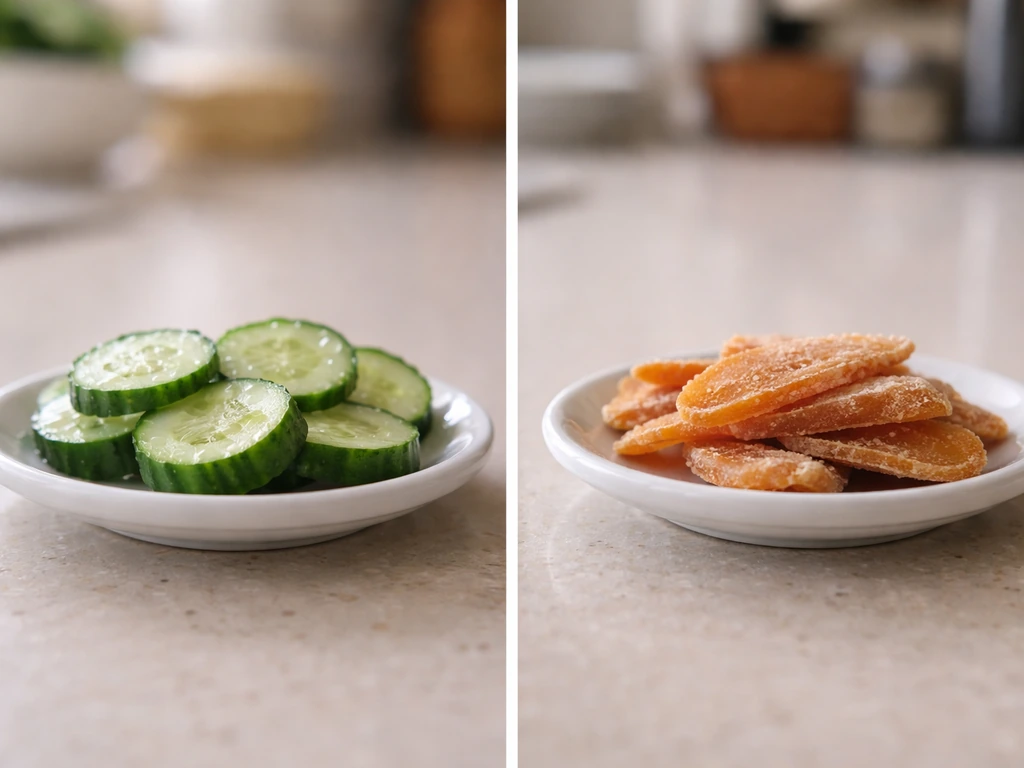 Split view of moist fresh food and darker dried-salted food on a counter, suggesting lower water activity stops growth.