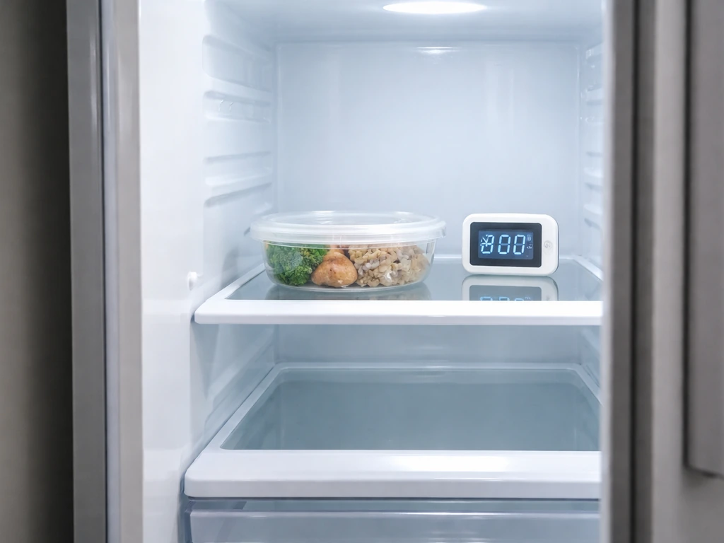 Refrigerator interior with a covered ready-to-eat container and a small thermometer indicating cold temperature.