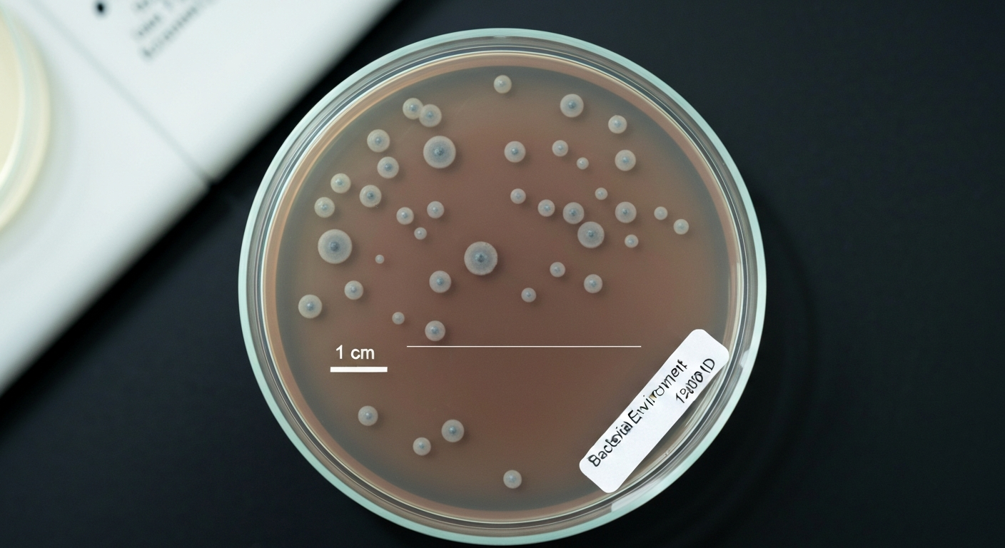 Top-down clinical lab photo of a Petri dish with chocolate agar showing small gray-white bacterial colonies and a 1 cm scale bar, on a blurred laboratory bench.