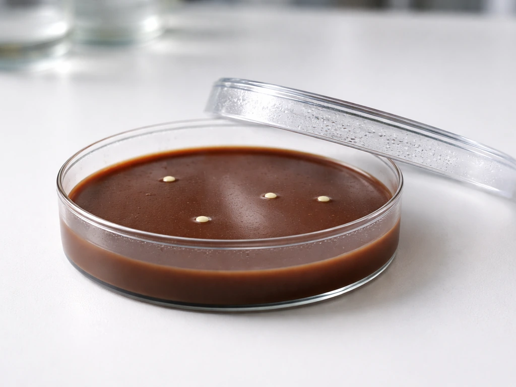 Close-up of a chocolate agar petri dish with a few distinct microbial colonies on brown medium