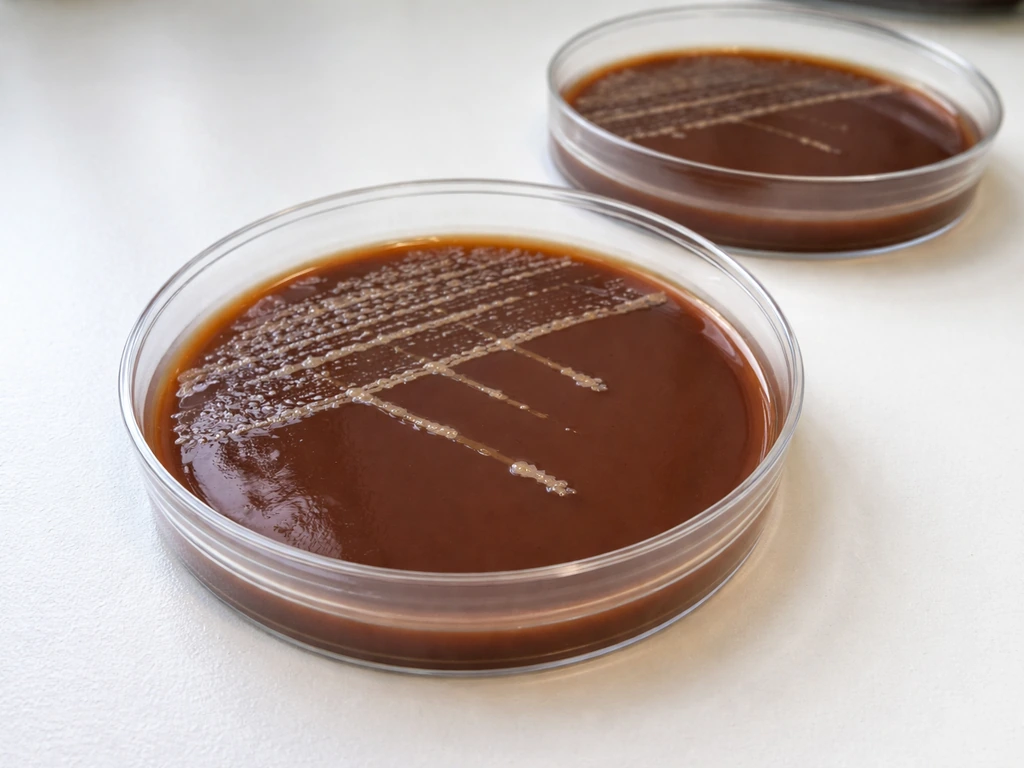 Close-up of labeled-free chocolate agar petri plates with subtle bacterial growth streaks