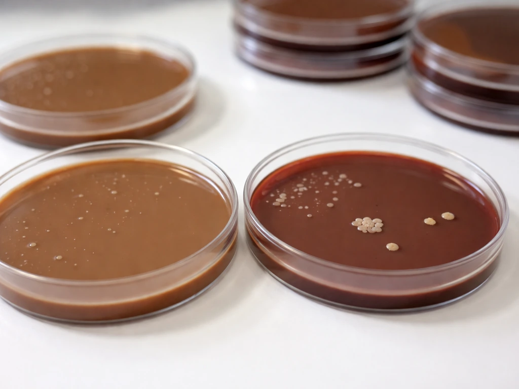 Macro close-up of plain vs supplemented chocolate agar plates showing different colony growth patterns.
