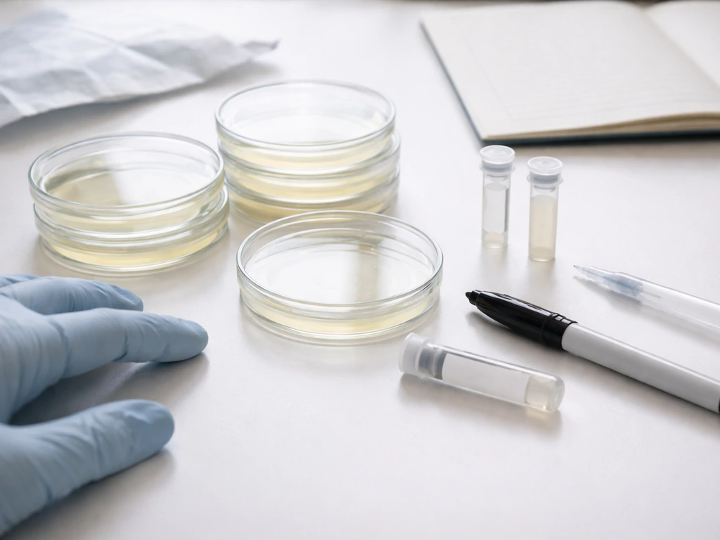 Close-up of a lab troubleshooting bench with agar plates, gloves, and a marker near labeled test tubes