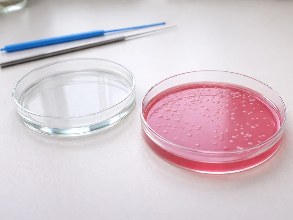 Close-up of MacConkey agar Petri dishes on a lab bench with pale colonies indicating non-lactose fermenting growth.