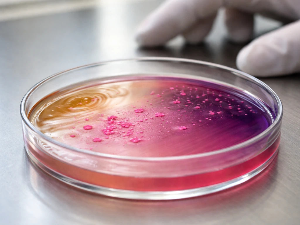 Close-up of a Petri dish with MacConkey agar showing selective and differential elements, with no text.