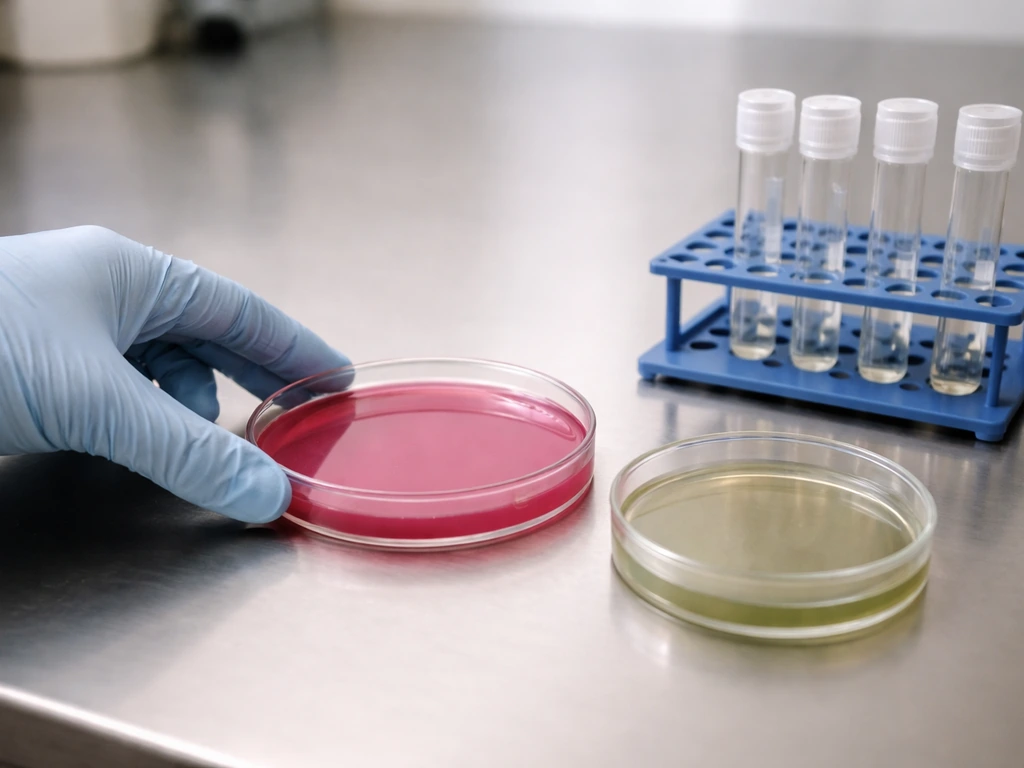Gloved hand arranging MacConkey presumptive plate with follow-up dishes and capped confirmation tubes on a bench