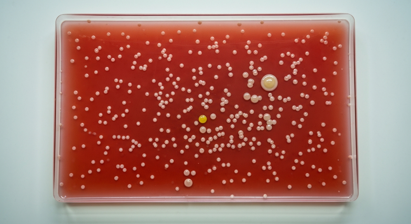 Top-down photo of a MacConkey agar plate showing many small colorless colonies and a few larger mucoid colonies.
