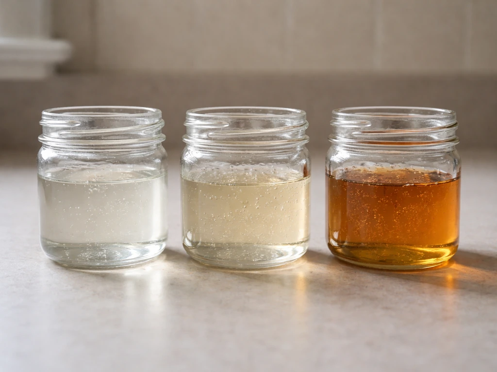 Three jars of sugar-water with increasing concentration, from thin to thick syrup side-by-side.