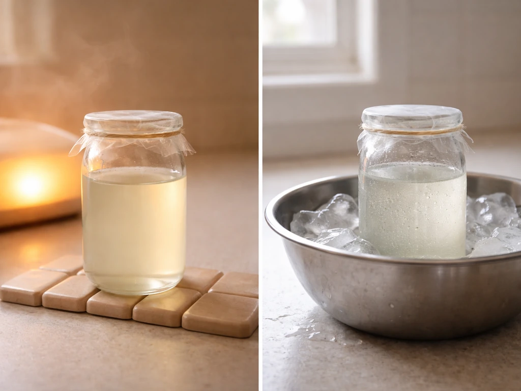 Two small bottles of sugar water, one in a warm setting and one in an ice bath, showing different temperatures.