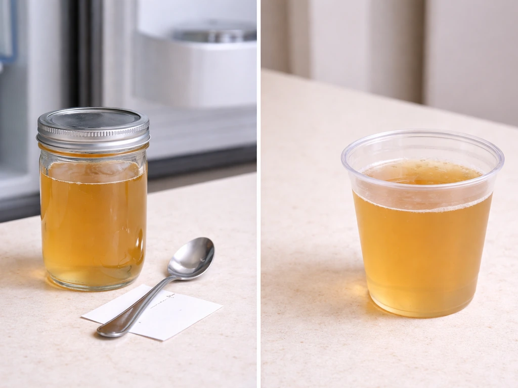 Two sugar solutions: one in a covered refrigerated container with clean utensils and dated lid, one exposed cup.