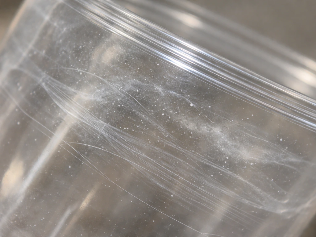 Macro close-up of biofilm-like residue clinging to a clear plastic surface, showing plastic can get contaminated.