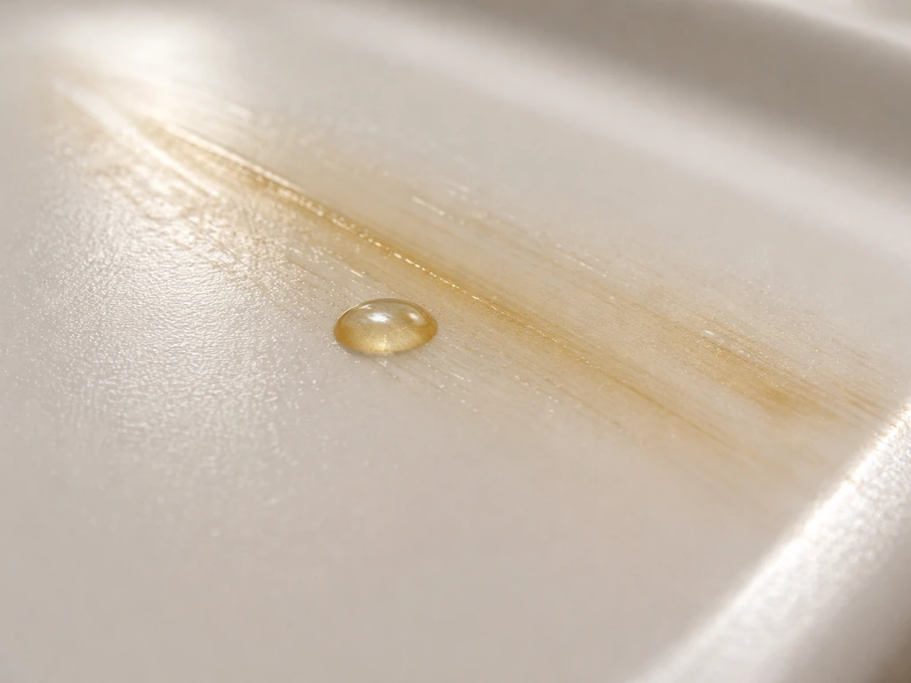 Macro photo of a small droplet with organic residue on a plastic surface, suggesting a microbial foothold