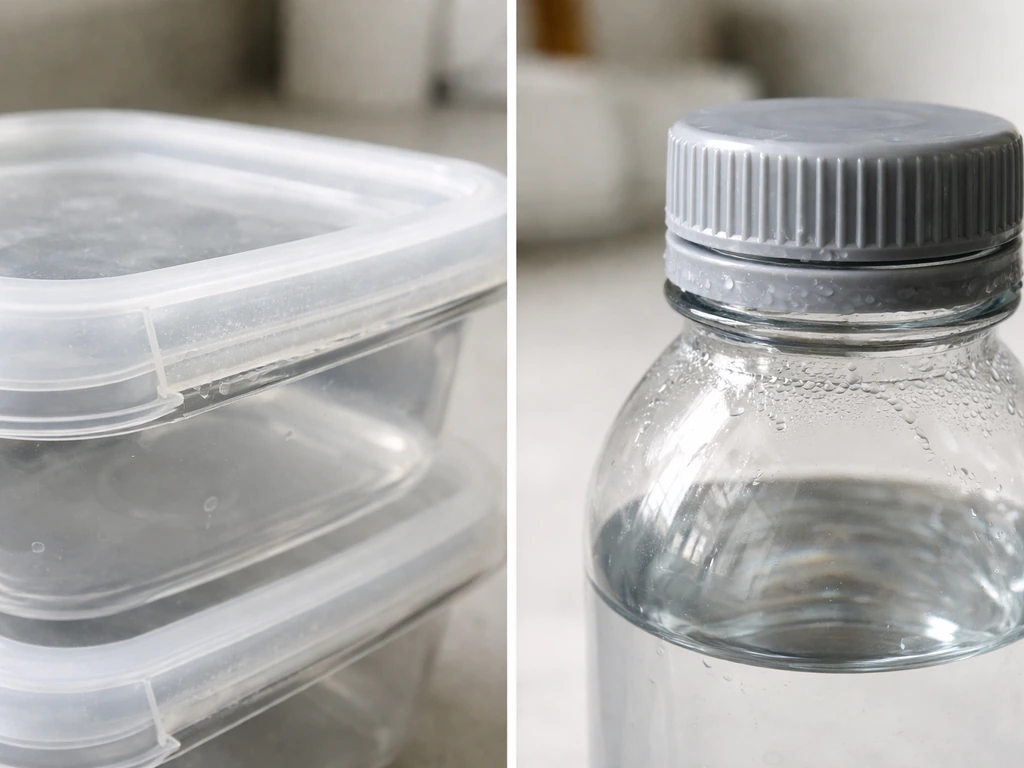 Split photo of plastic food containers with residue/condensation vs a water bottle with moisture at the cap seam.