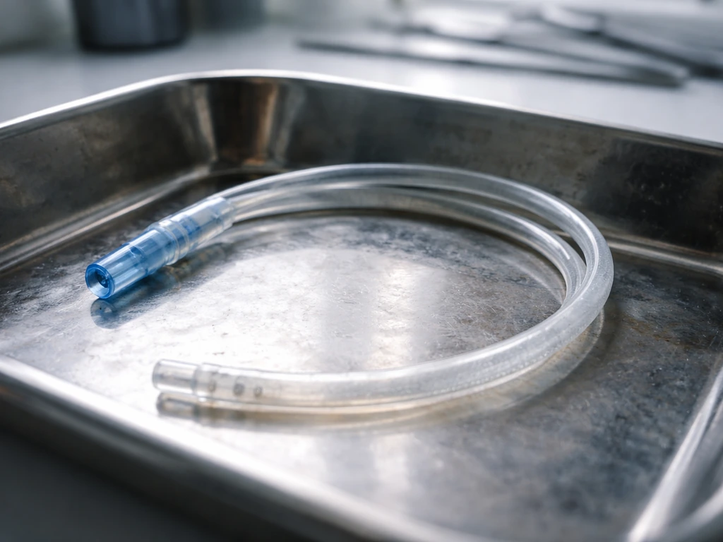 Close-up of a clear plastic catheter tube in a stainless tray with faint cloudy residue.