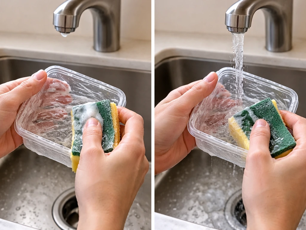Anonymous hands scrubbing and rinsing a clear plastic container in a sink to remove residue