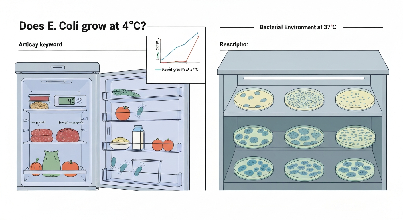Split illustration: refrigerator at 4°C with few E. coli icons labeled 'survival — no net growth' and an incubator at 37°C with dense bacteria labeled 'rapid growth'; inset graph comparing flat vs rising counts.