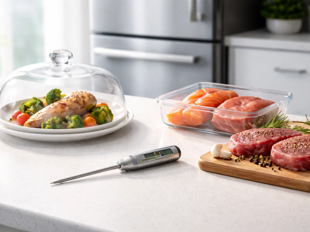 Plated cooked food beside raw ingredients with a food thermometer on a kitchen counter for parasite safety.