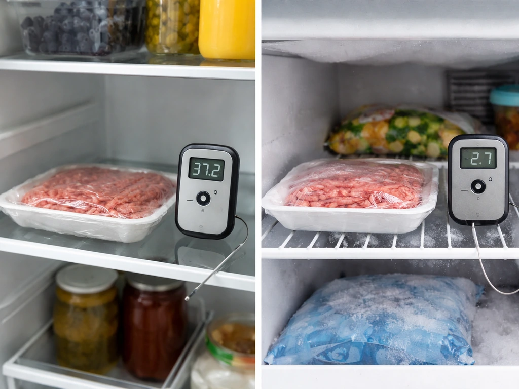 Refrigerator and freezer with sealed raw meat trays and thermometers showing chilling vs deep-freezing ranges.