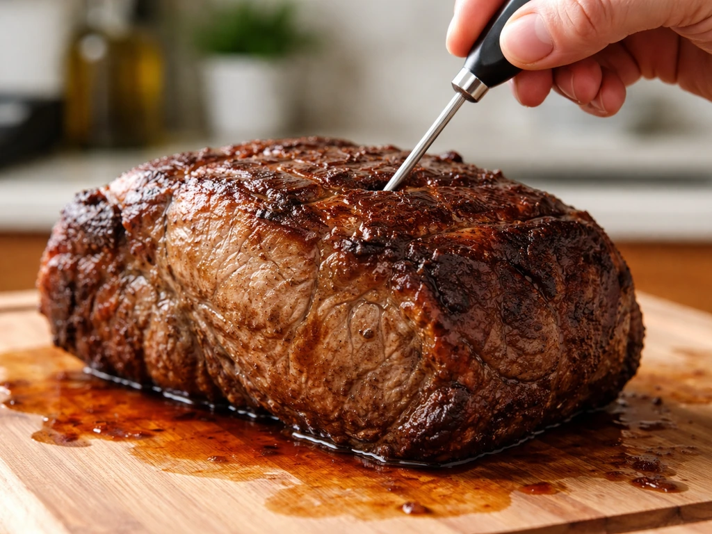 Hand inserting a meat thermometer into a thick pork or beef cut resting on a cutting board