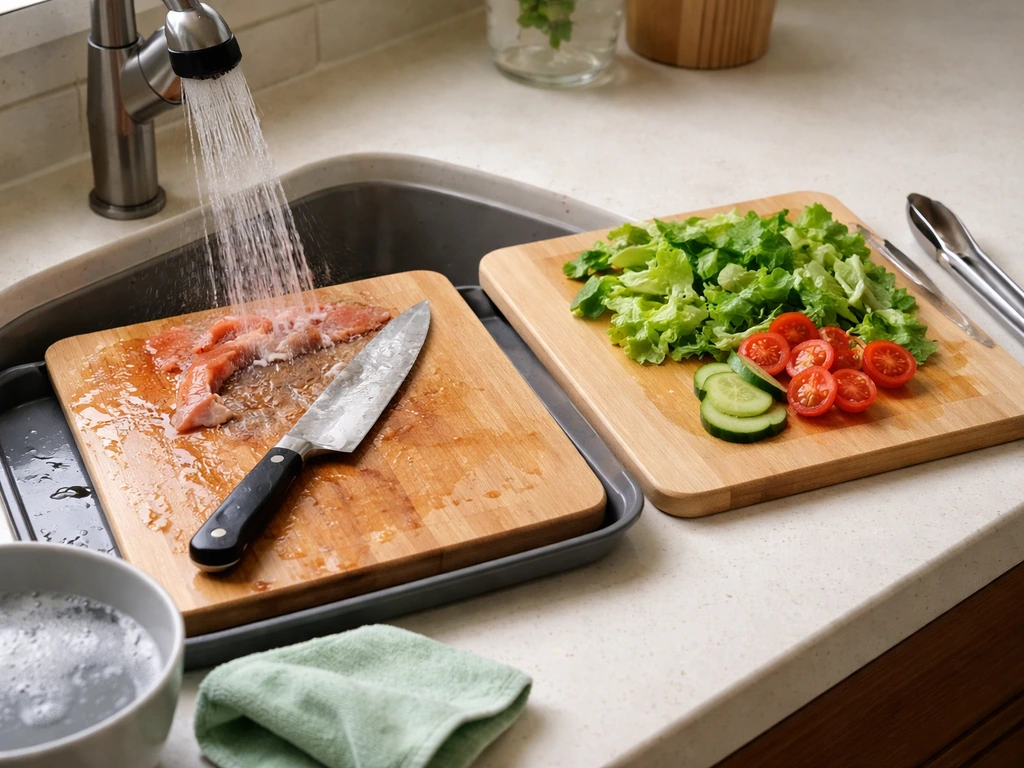 Two separated cutting boards and utensils—raw meat tools set aside from ready-to-eat salad tools after cleaning.