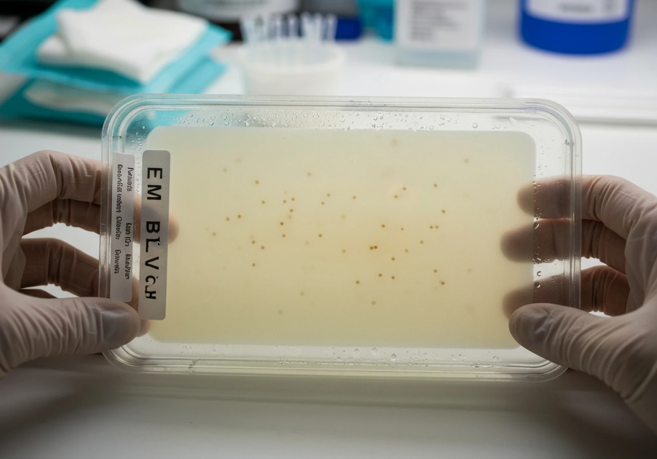Close-up of an incubated EMB agar plate with minimal colony growth and sterile lab context.