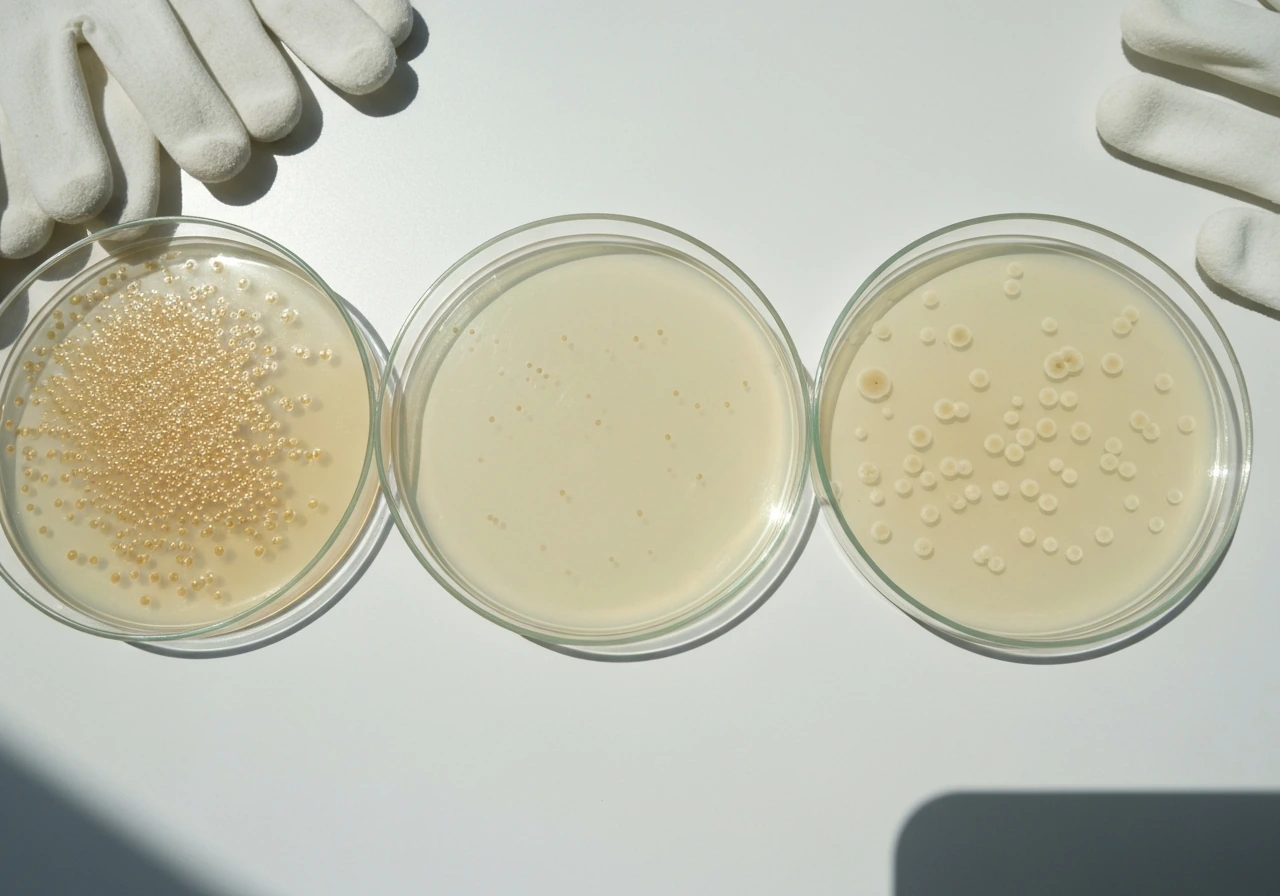 Three petri dishes showing distinct bacterial growth patterns on different culture media