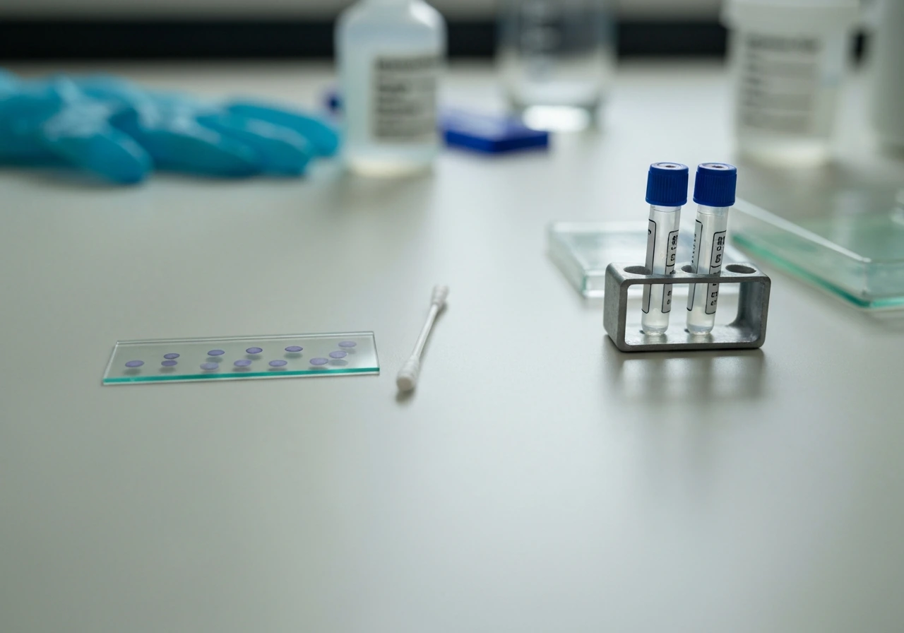 Minimal lab scene showing a Gram-stain slide with gram-positive cocci clusters beside catalase/coagulase test materials.