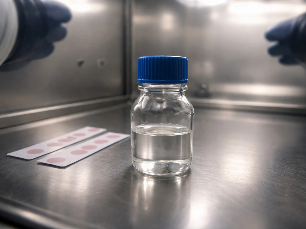 Close-up of an anaerobic glove box with sterile culture vessel and oxygen-free atmosphere indicator strips.