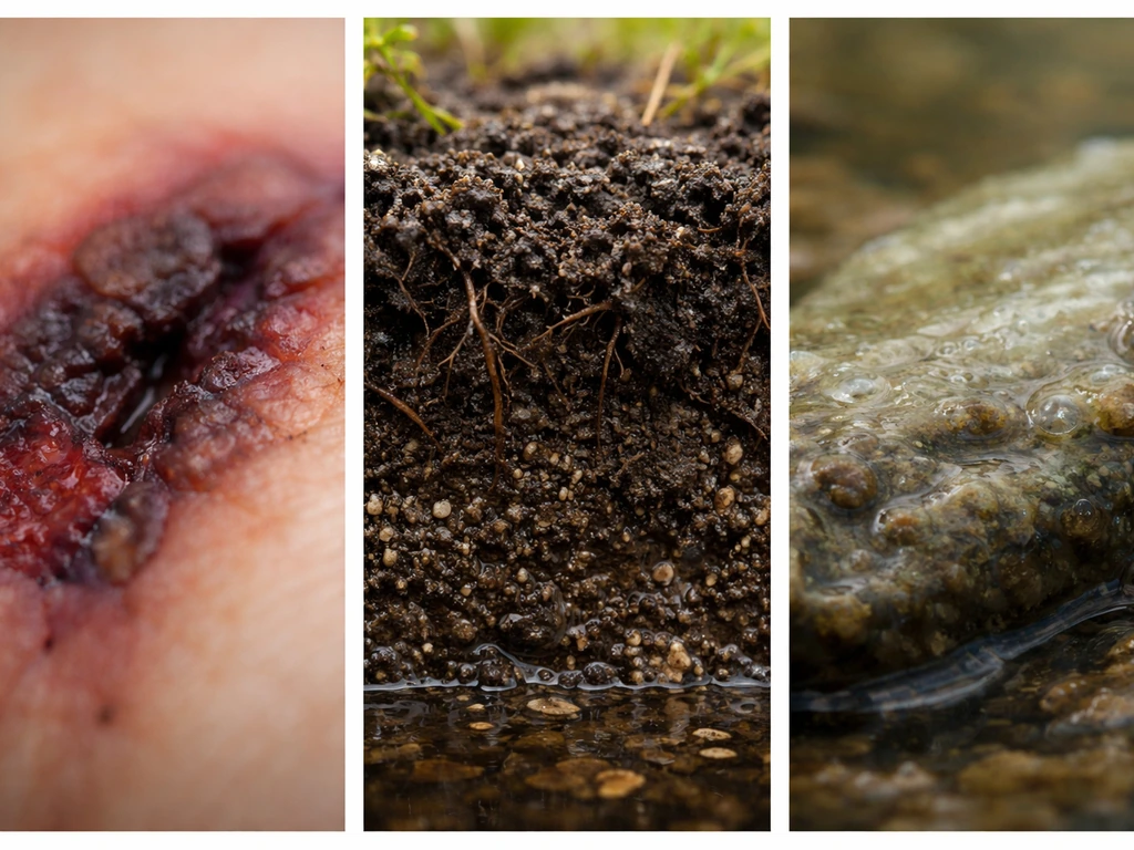 Minimal composite showing oxygen-free niches: necrotic tissue, dark sediment, and a thin biofilm-like surface.
