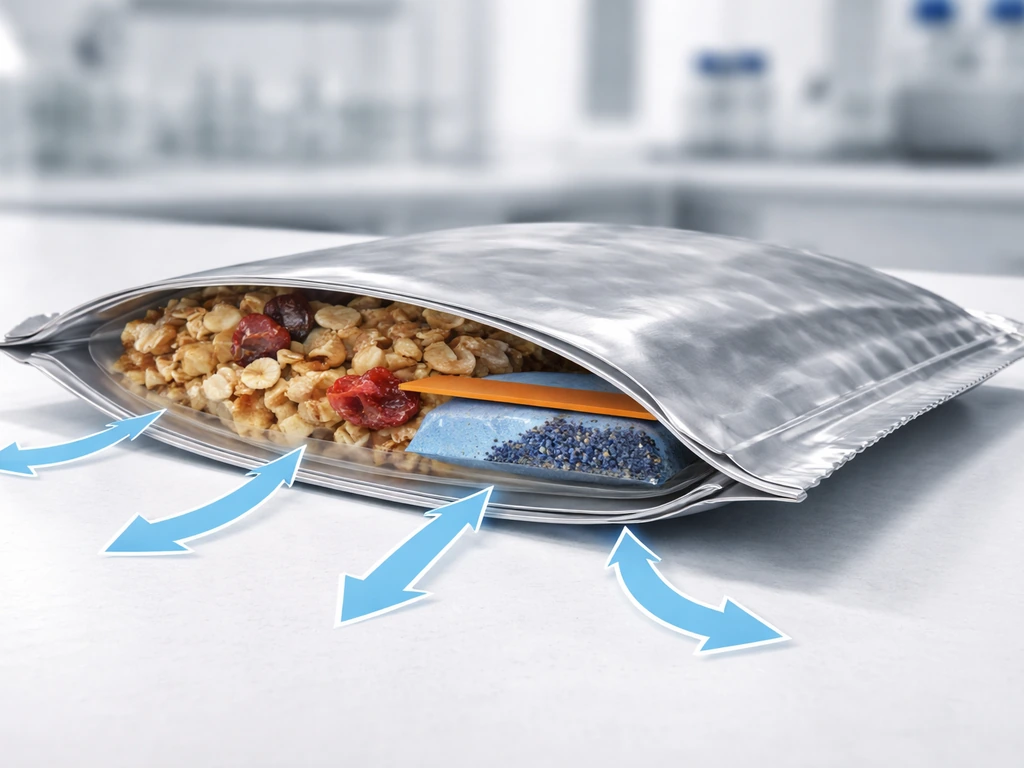 Cutaway view of sealed anaerobic food packaging with an oxygen scavenger and arrows blocking oxygen entry.