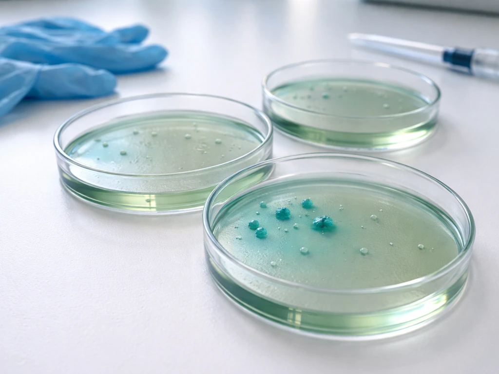 Close-up of cetrimide agar petri dishes with distinct colony growth and blue-green pigment diffusion on a lab bench.