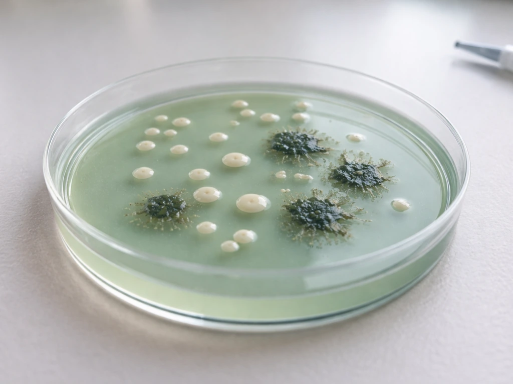 Petri dish showing mixed colony types, including unexpected darker colonies beside typical ones on agar.
