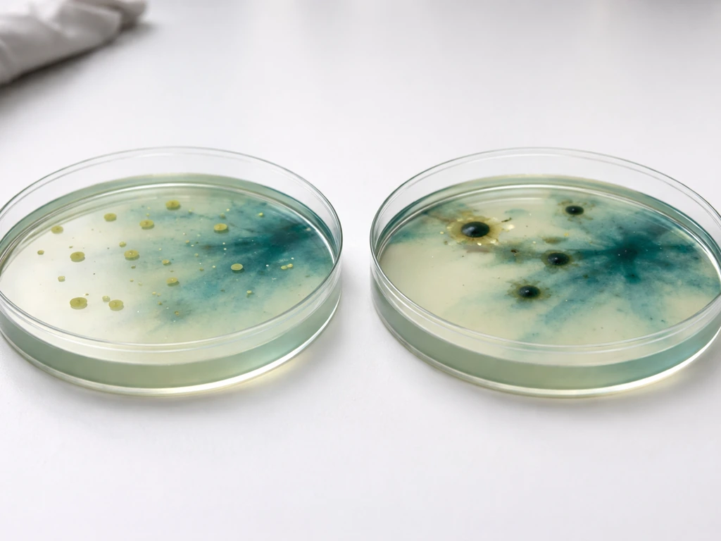 Side-by-side Petri dishes showing normal colony color/pigment diffusion versus atypical uneven growth.