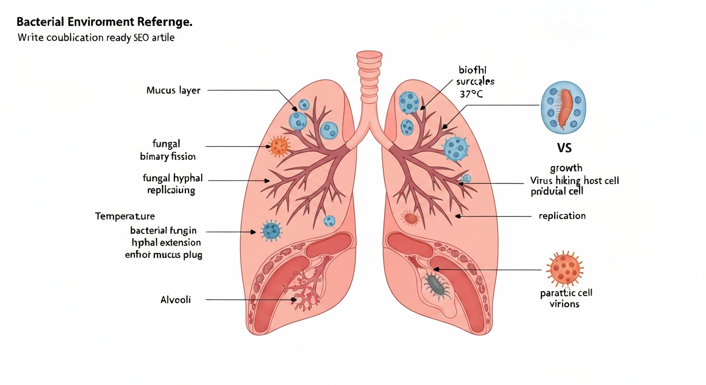 Cutaway infographic of lungs showing mucus, biofilms, oxygen/temperature gradients, and icons for bacteria, fungi, viruses, and a parasitic cyst; inset compares microbial growth vs viral replication.