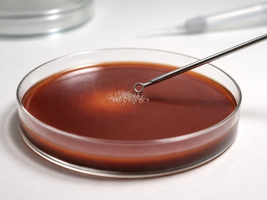 Close-up lab photo of chocolate agar in a Petri dish with an inoculation loop and tiny visible colonies.