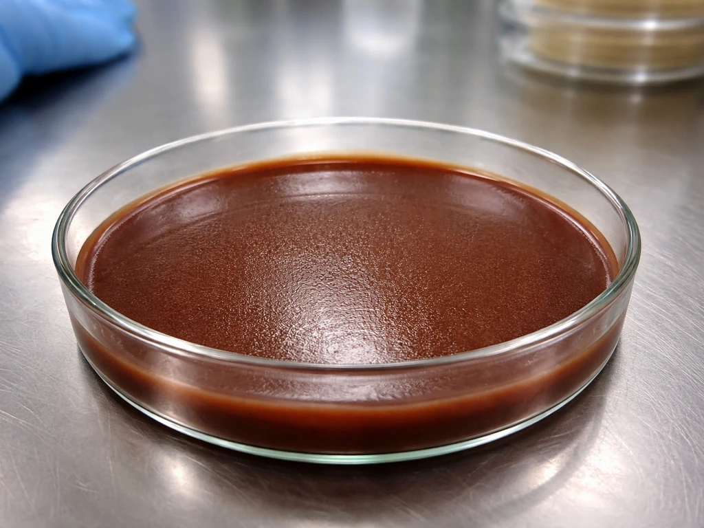 Close-up of a chocolate agar petri dish surface with brown medium texture under warm lab lighting