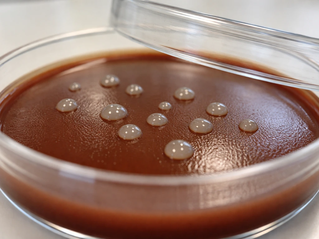 Close-up macrophotograph of small grayish, slightly translucent Haemophilus colonies on chocolate agar