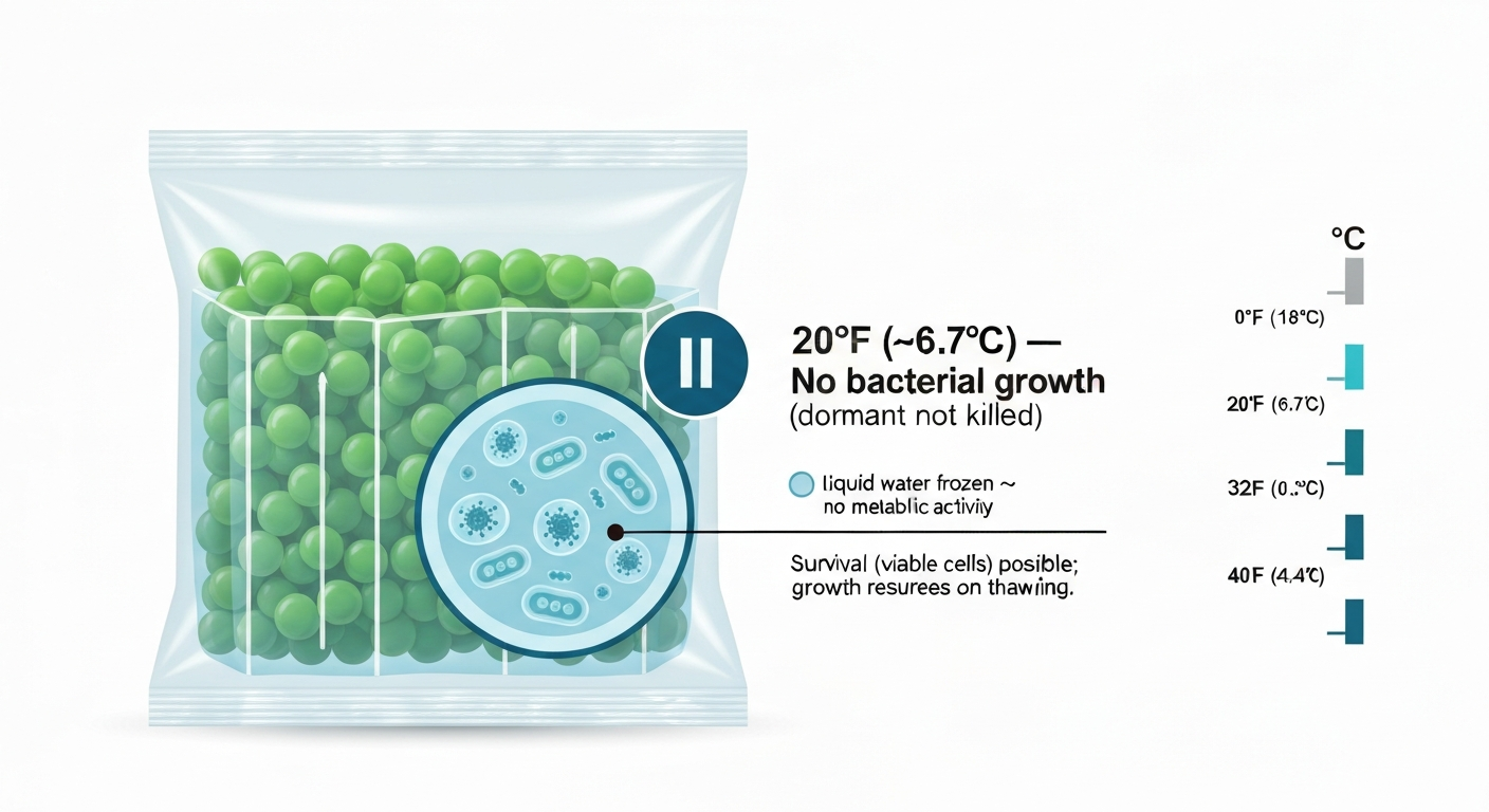 Vector infographic: frozen packaged food cross-section with bacteria immobilized in ice and label "20°F (−6.7°C) — No bacterial growth (dormant, not killed)" plus temperature scale.