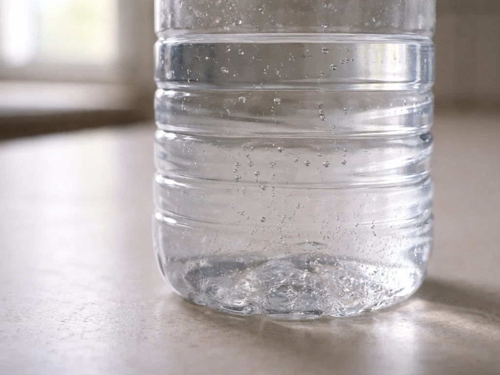 Close-up of a clear water bottle with visible water surface and sealed interior conditions.