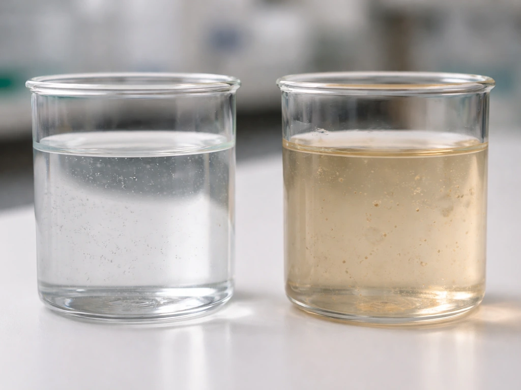 Two side-by-side water samples: calm suspension of tiny particles versus subtle cloudy growth near the container wall.
