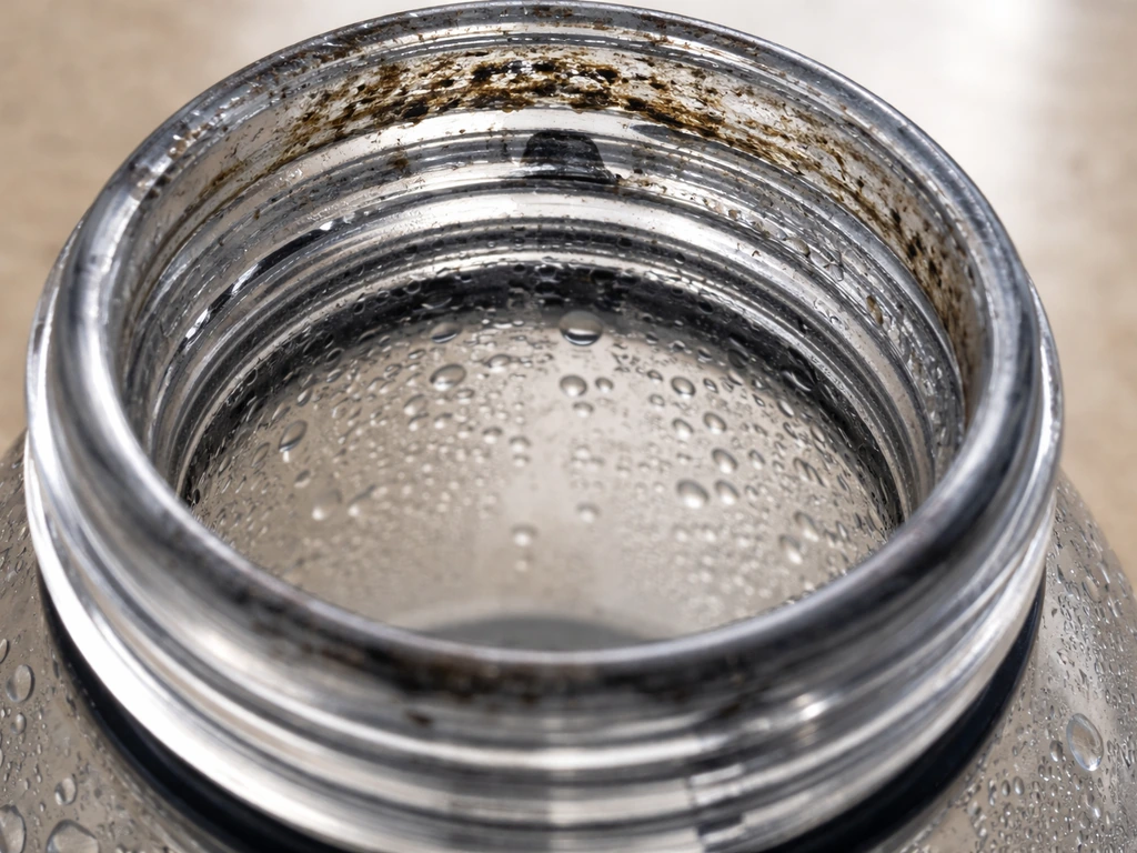 Close-up of a water bottle cap and interior showing condensation and dark residue near the valve.
