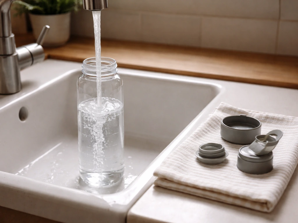 A clear water bottle being washed at a kitchen sink with the cap and lid set aside.