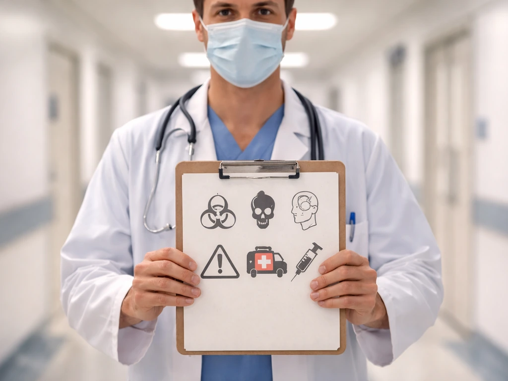 Doctor in a quiet hospital corridor holding a clipboard, conveying urgent emergency care for botulism symptoms.