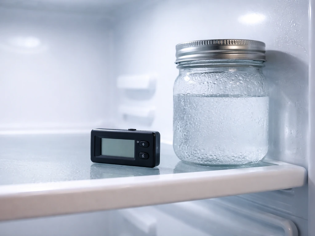 Refrigerator thermometer beside a sealed glass jar, suggesting cold-storage food safety risk.