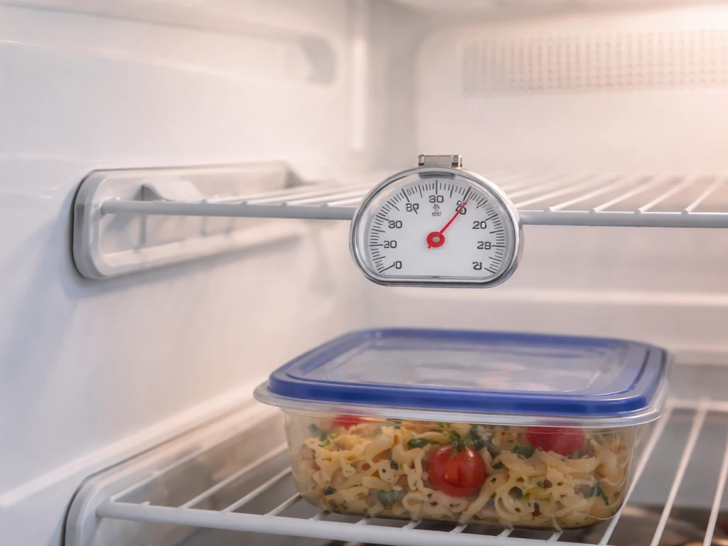 Close-up of a refrigerator shelf with a thermometer reading around 40°F / 4°C.