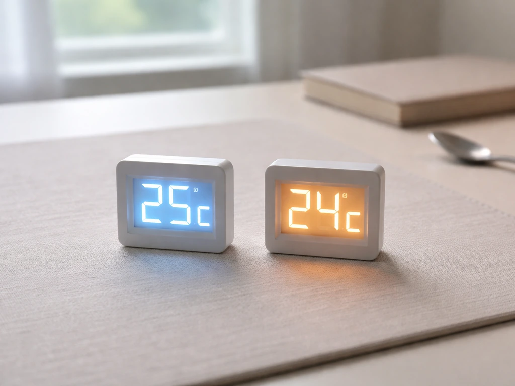 Minimal office scene with two small thermometers showing contrasting cool and optimum conditions for growth