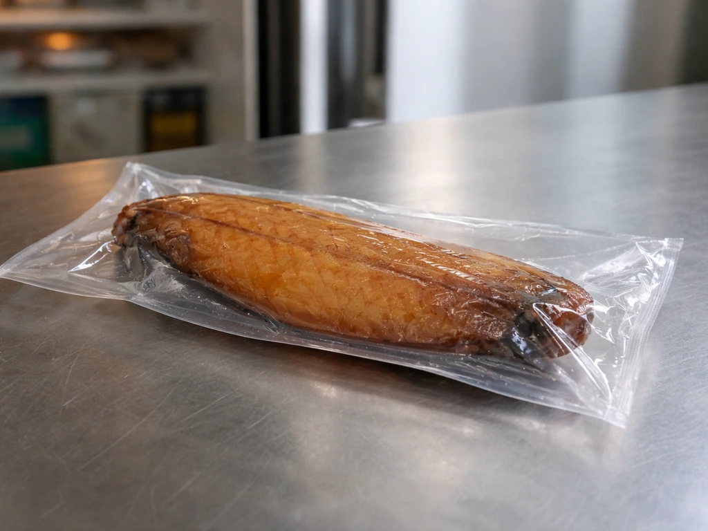 Vacuum-sealed package of smoked cured fish on a kitchen counter with visible seal and cold storage feel