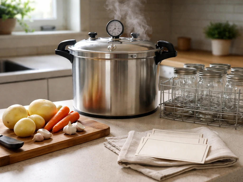 Pressure canner on a kitchen counter with steam rising, gauge visible, jars and vegetables nearby.